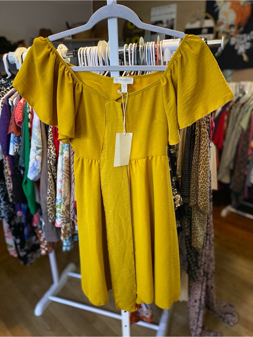See You Monday Mustard Off-Shoulder Flutter Sleeve Mini Dress